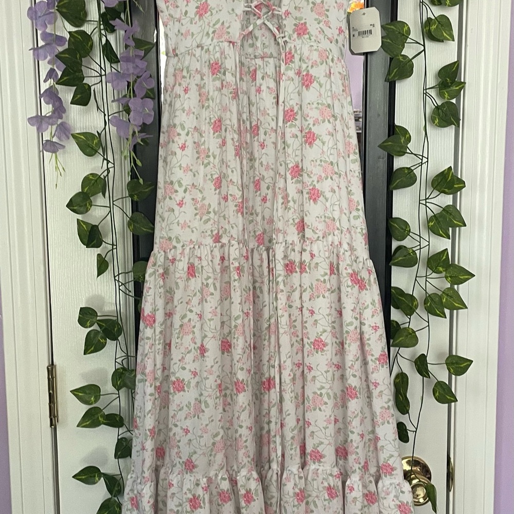 Floral Maxi Dress with Pink and Green Accents